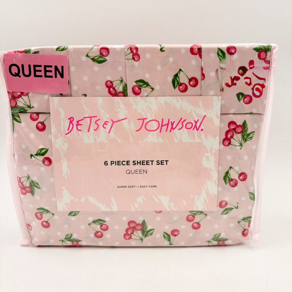 Betsey Johnson Queen Sheet Set 6 Piece Pink Cherry‎ Dots Polka Dot Print
